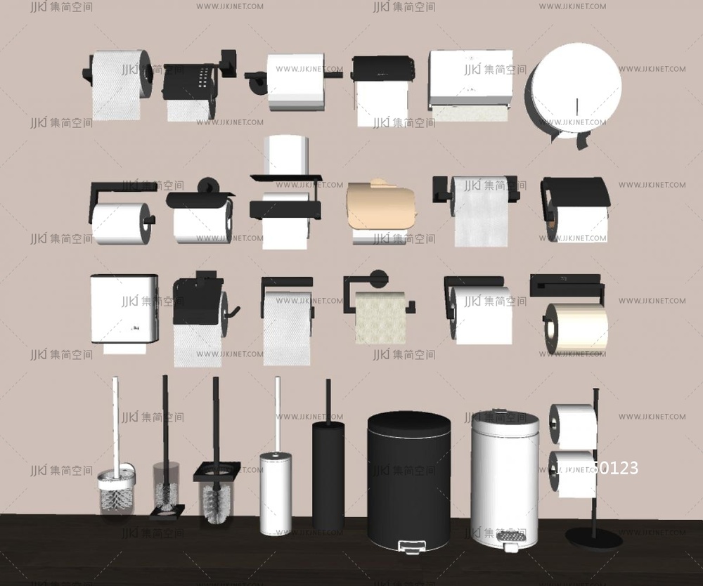 现代卫浴小件_纸巾盒_垃圾桶_马桶刷_厕所盒SU模型