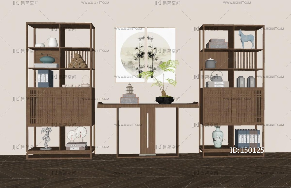 新中式禅意博古架_新中式博古架条案_实木收纳柜SU模型