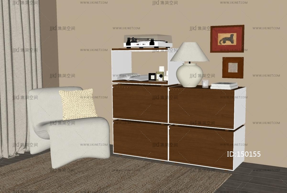 现代中古储物柜_包豪斯_奶油_边柜_装饰柜_餐边柜SU模型