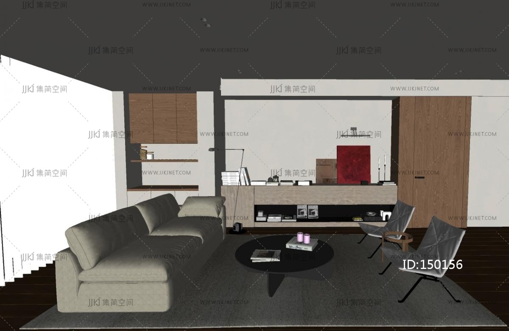 现代原木家居客厅_奶油_简约_无主灯客厅_包豪斯_沙发茶几组合SU模型