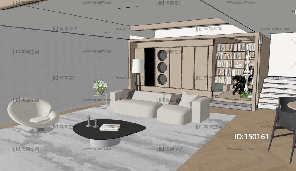 现代原木家居客厅_大平层客厅_客餐厅_开放式书房_沙发茶几组合_餐桌椅SU模型