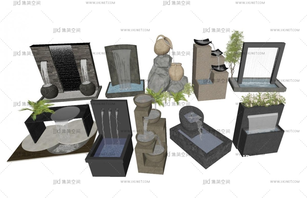 现代喷泉_现代景观叠水组合_流水喷泉_景观池绿植_水景喷泉_庭院跌水水帘SU模型