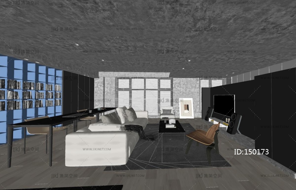 现代极简客餐厅_黑白灰客餐厅_高级灰客餐厅_吧台餐桌_开放式厨房_大平层横厅SU模型