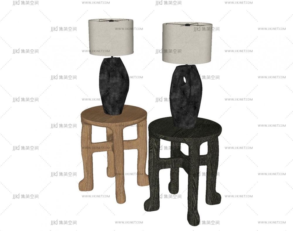 中古侘寂边几_谢科_巴瓦_圆边几_四足边几_石台灯SU模型