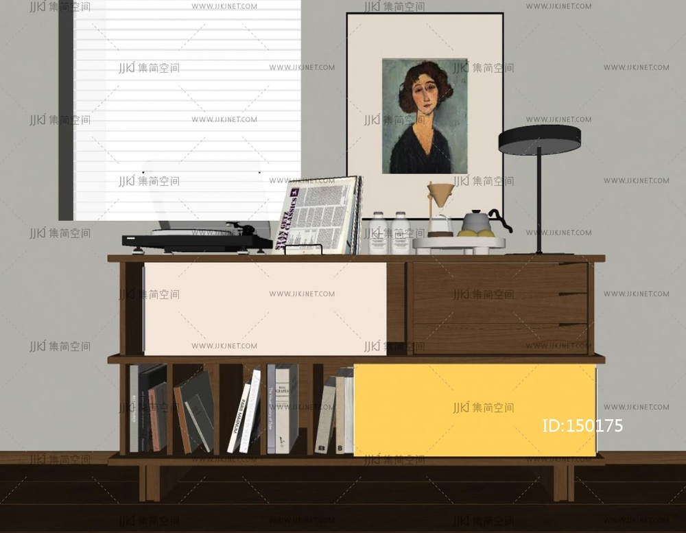 现代中古餐边柜_包豪斯_唱片机_装饰摆件_咖啡壶_装饰画SU模型