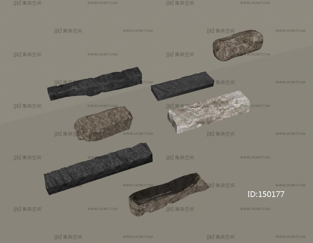 现代石头_景观条石坐凳长凳_石头石材石凳SU模型