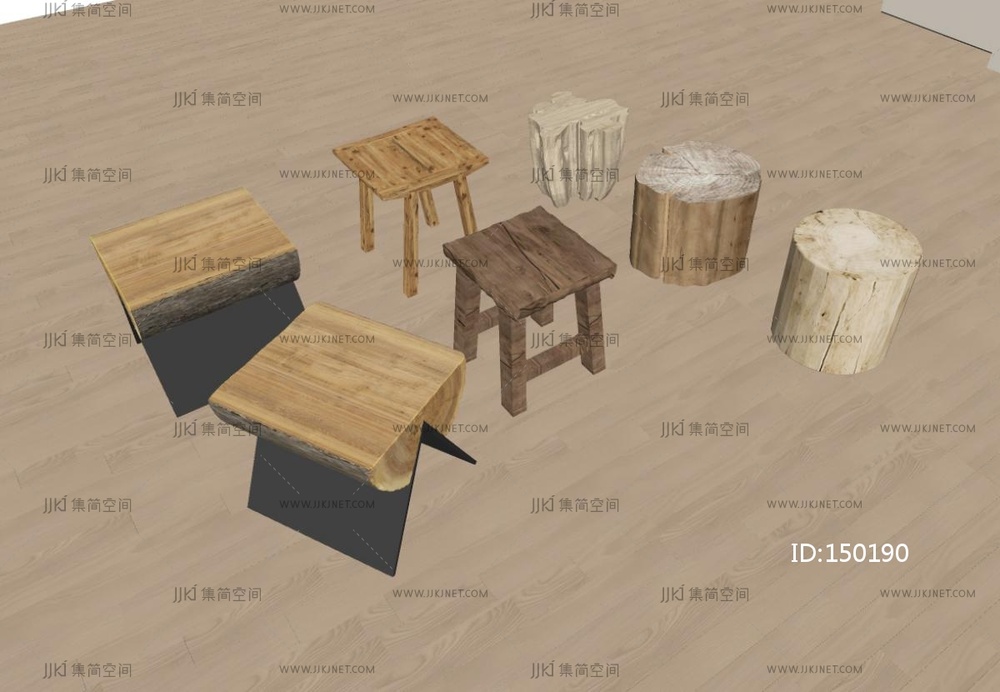 侘寂凳子组合_侘寂实木凳子_圆凳_树桩凳SU模型