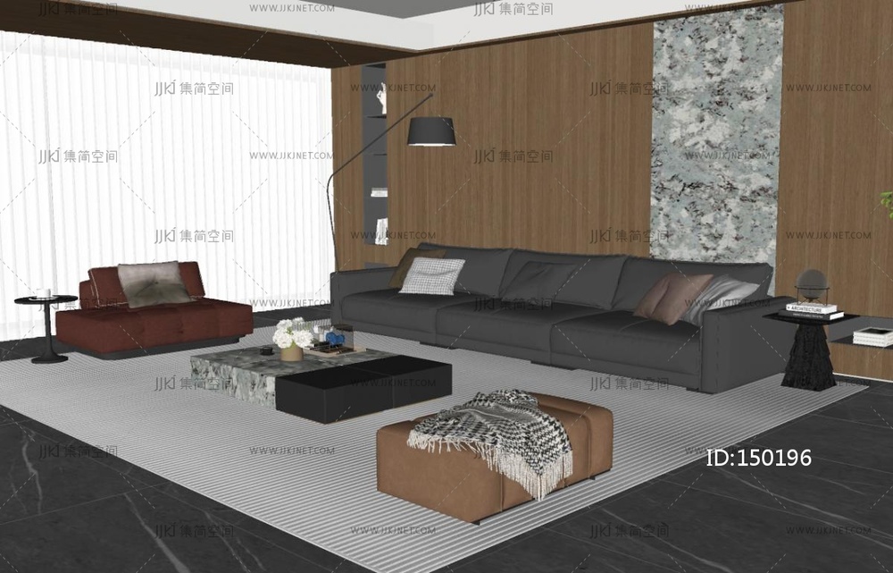 现代意式家居客厅_皮质沙发茶几组合_休闲椅_沙发凳_沙发背景墙_落地灯SU模型