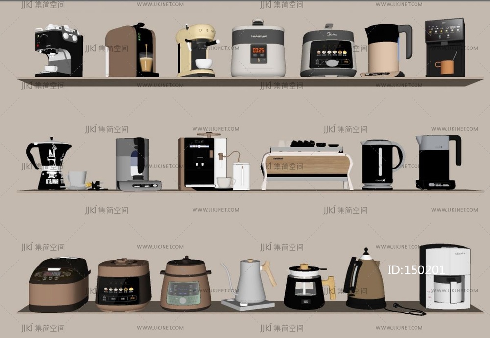 家用电器组合_电饭煲_厨房电器_豆浆机_咖啡机SU模型