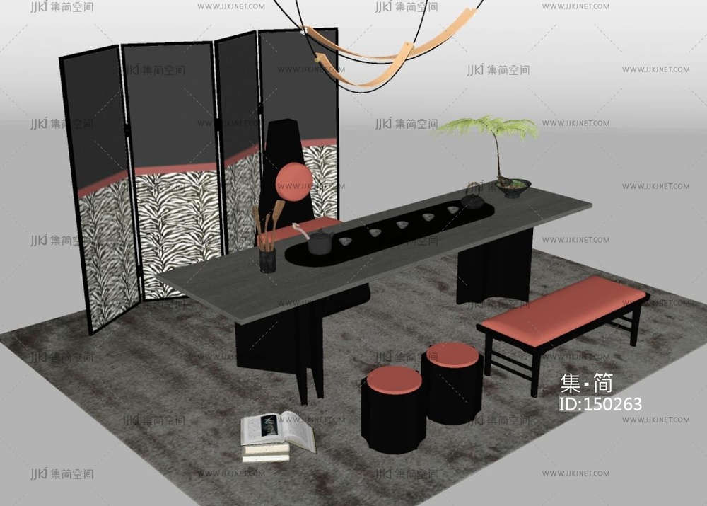 现代茶桌椅_暗黑风茶桌椅组合_屏风_茶具SU模型