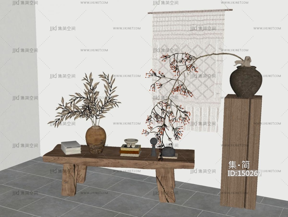 长条凳_诧寂风盆栽盆景_书籍摆件SU模型