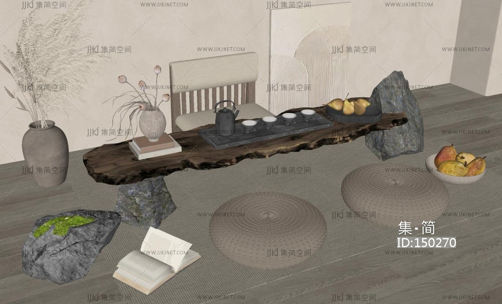 侘寂茶桌椅_榻榻米茶桌椅_茶台_芦苇花瓶SU模型I