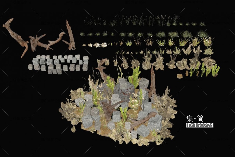 09现代美陈_现代戈壁荒野岩石_荒草枯木SU模型