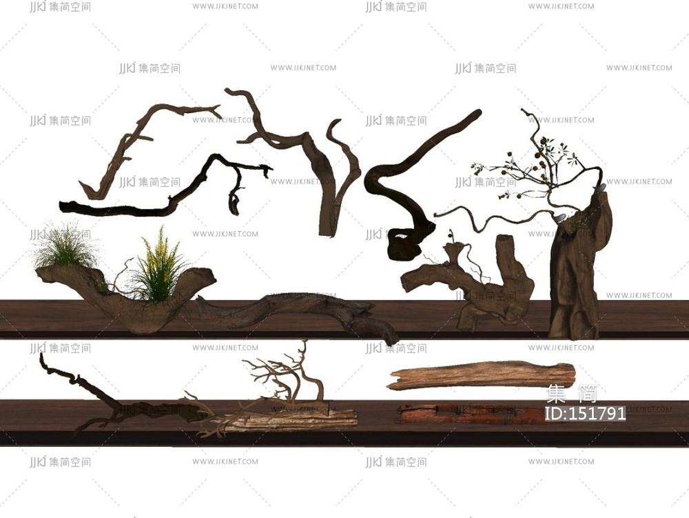 新中式雕塑摆件_木雕_枯树枝_干枝_枯树绿植摆件_旧木头SU模型