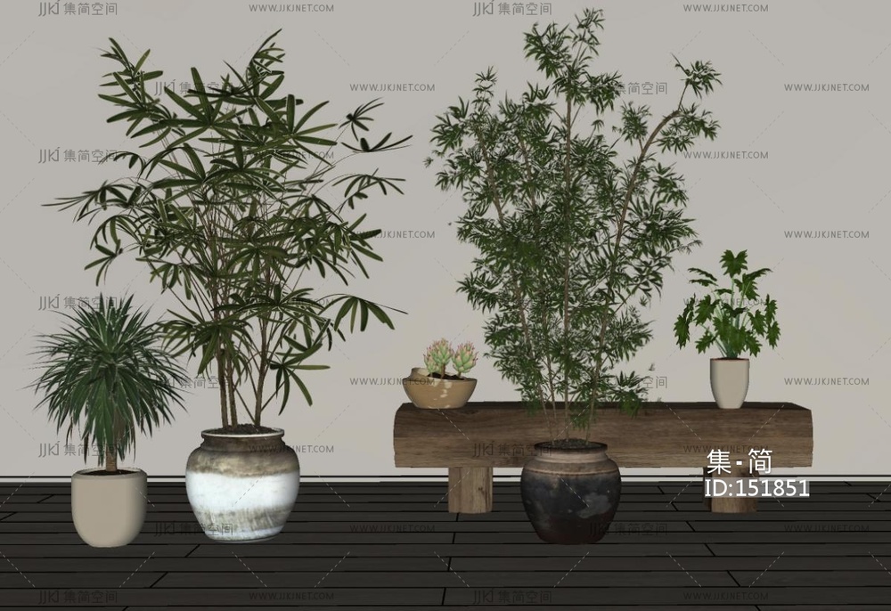 中古风盆栽_长凳_老木头SU模型