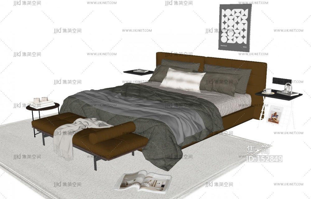 现代意式双人床_布艺床_皮床_黑色床SU模型