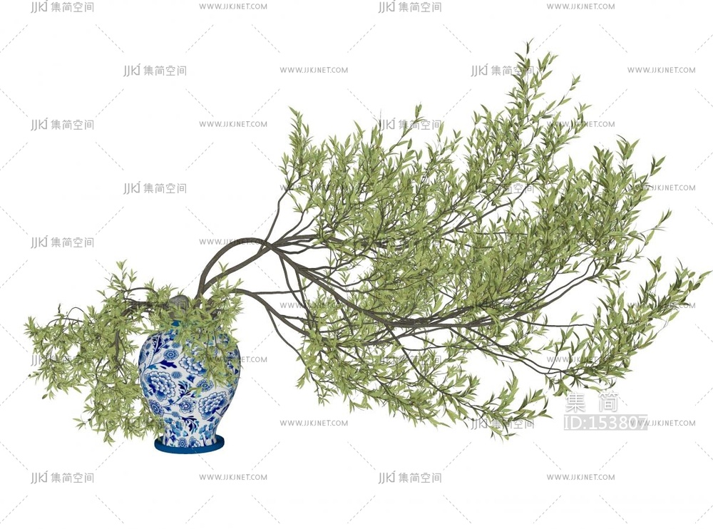 青瓷花盆中的树枝花束,植物插画SU模型