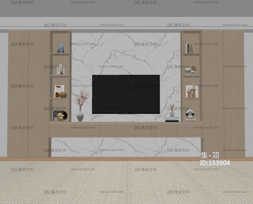 现代电视背景墙 满墙电视柜 电视机 储物柜 饰品摆件SU模型