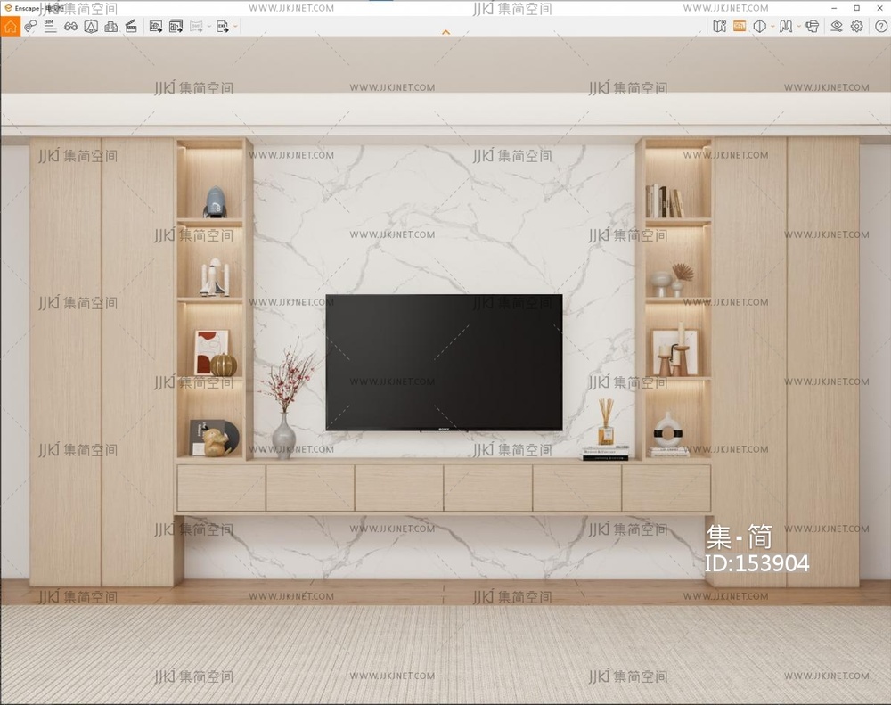 现代电视背景墙 满墙电视柜 电视机 储物柜 饰品摆件SU模型