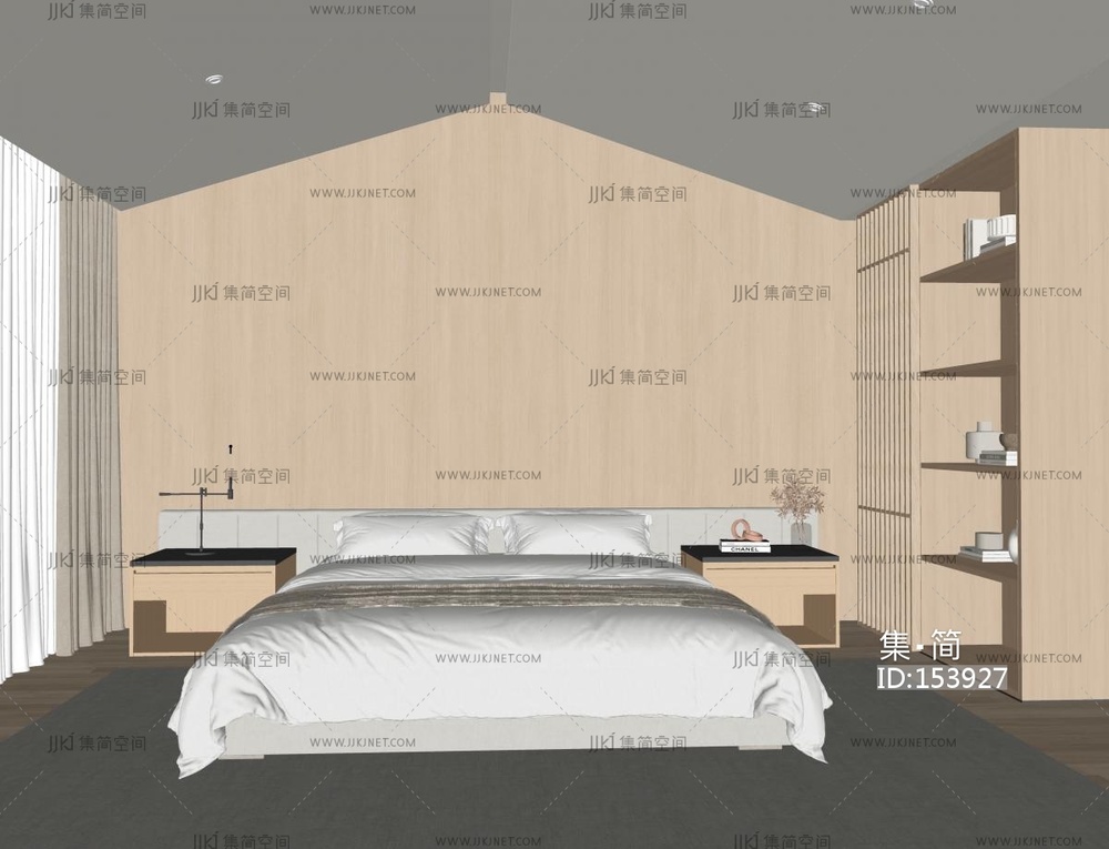 现代客房_双人床_原木客房日式客房双人床SU模型