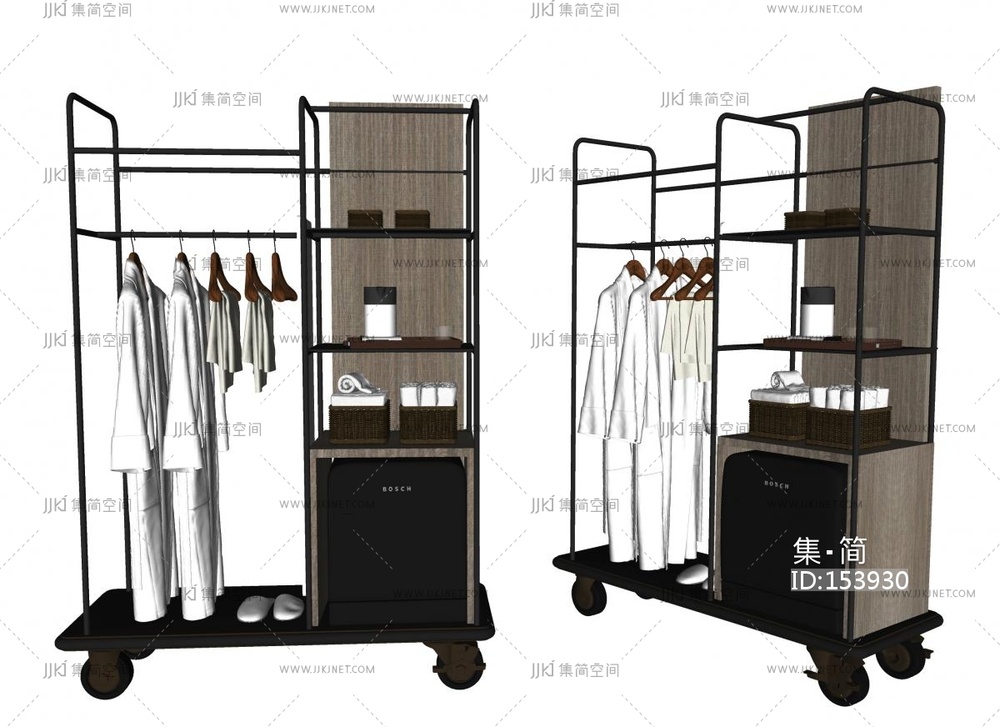 现代酒店服务车衣架，不锈钢水壶托盘酒店用品SU模型