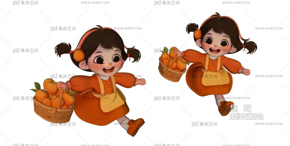 橙色衣服挂篮子采果子的小女孩 su草图模型