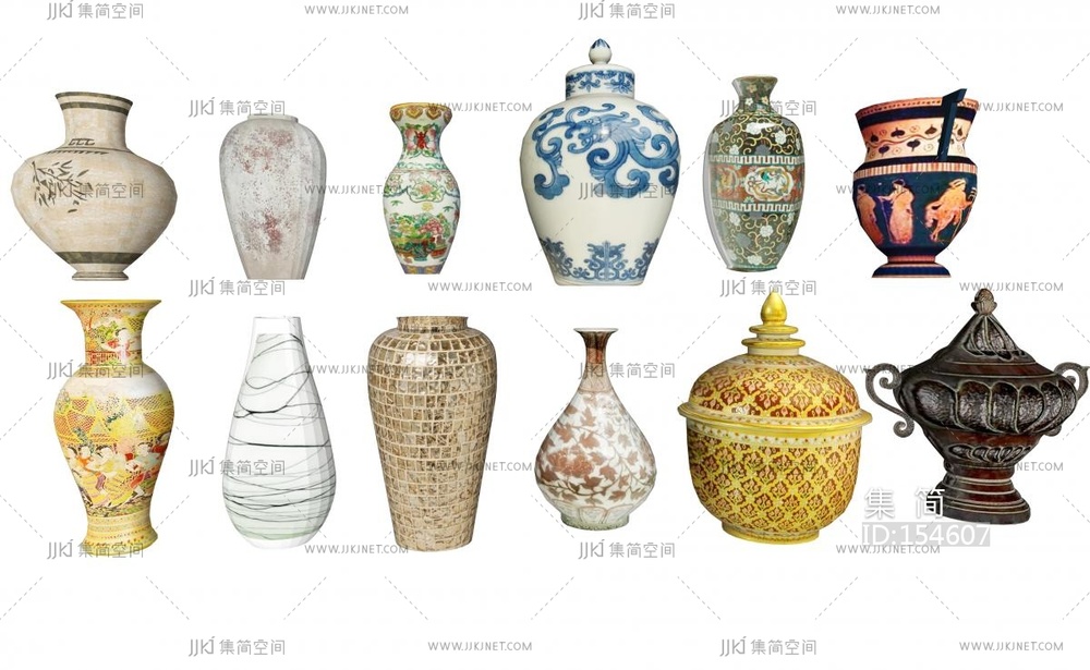 新中式陶瓷器皿中式古董摆件瓷组合su模型