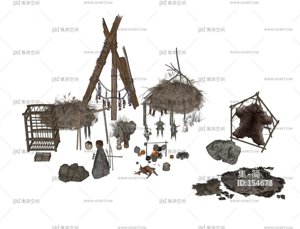 复古影视_篝火_部落据点_原始部落SU模型