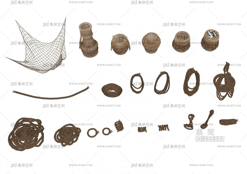 中式复古影视_渔网_绳子_鱼篓_竹篓SU模型