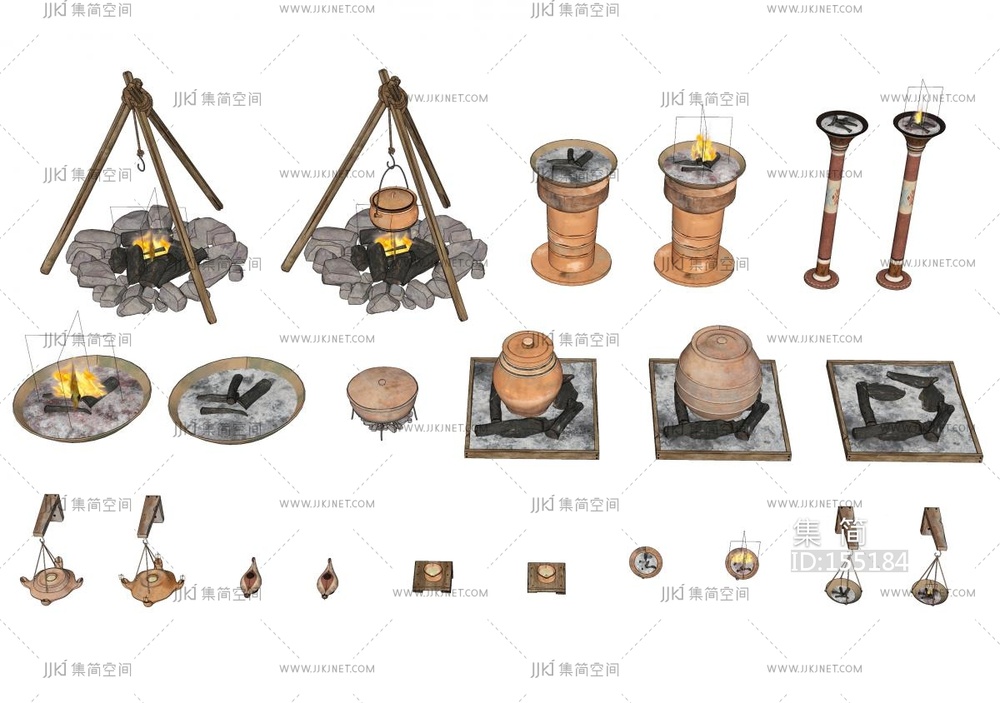 中古影视_火盆_古代壁灯_古代油灯_篝火架_古代篝火堆SU模型