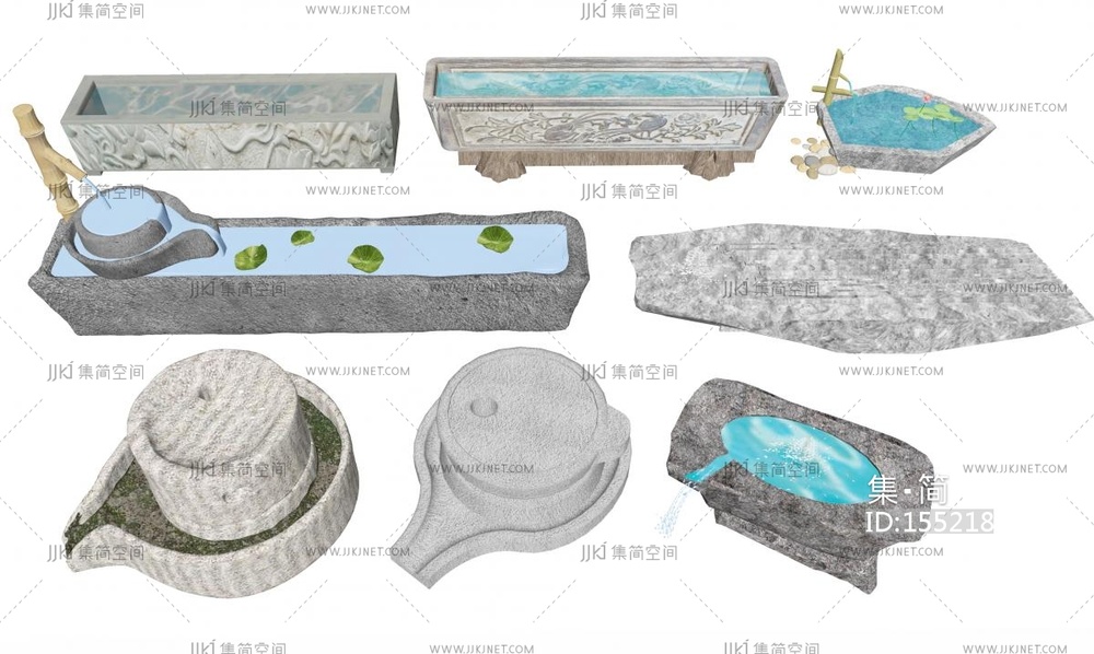 新中式庭院小品_乡村小品_庭院小品_水槽_磨盘SU模型