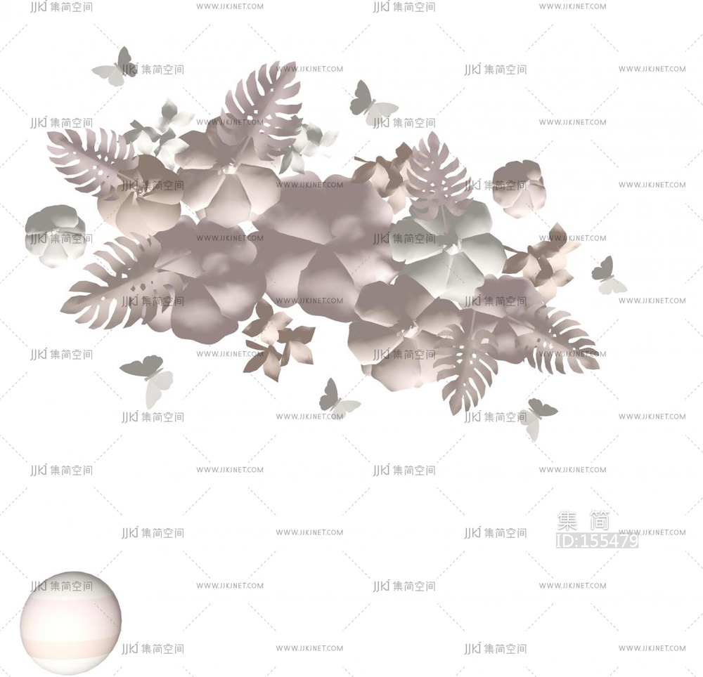 现代花艺装饰_花艺花朵花瓣玫瑰花牡丹花墙饰蝴蝶花瓣SU模型