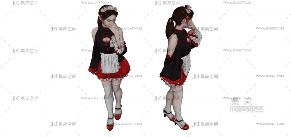 黑色衣服红色裙子的女仆 su草图模型