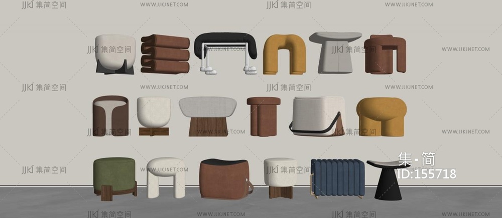 现代沙发凳_矮凳_圆凳_方凳_换鞋凳_凳子SU模型