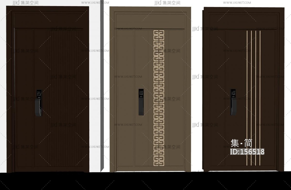 新中式单开门入户门_子母防盗门su模型