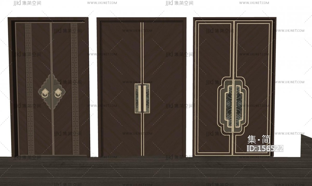 新中式双开门_入户门su模型