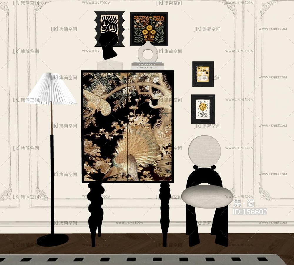 法式橱柜法式中古风装饰柜挂画，落地灯SU模型