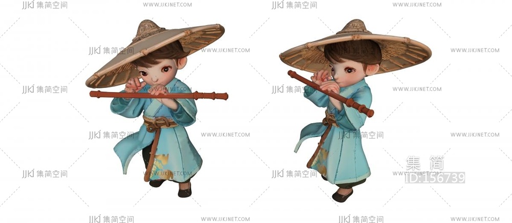 戴草帽吹笛子的古装小男孩 su草图模型