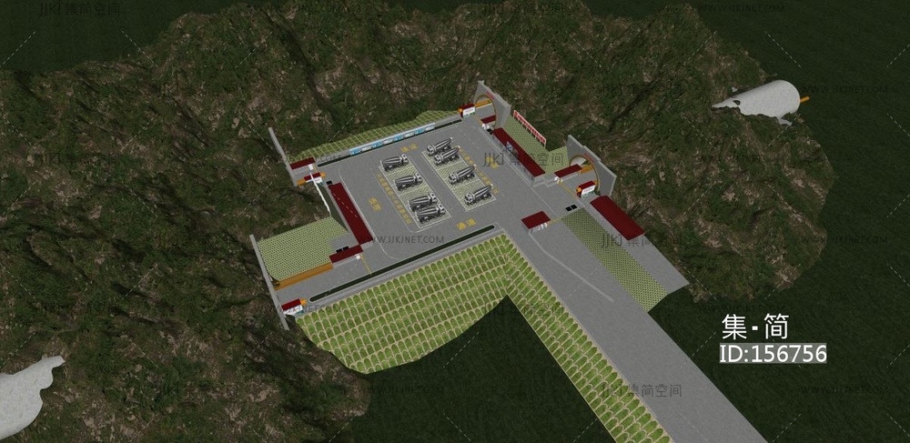 现代隧道_隧道口搅拌车高铁隧道口道闸护坡山脉SU模型