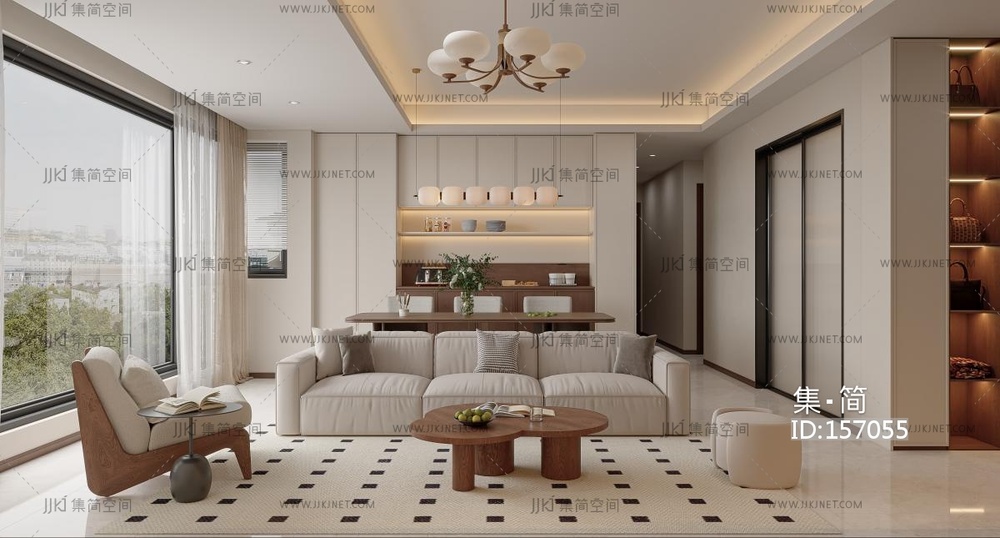 客餐厅现代客厅橱柜电视背景墙，奶油风休闲椅