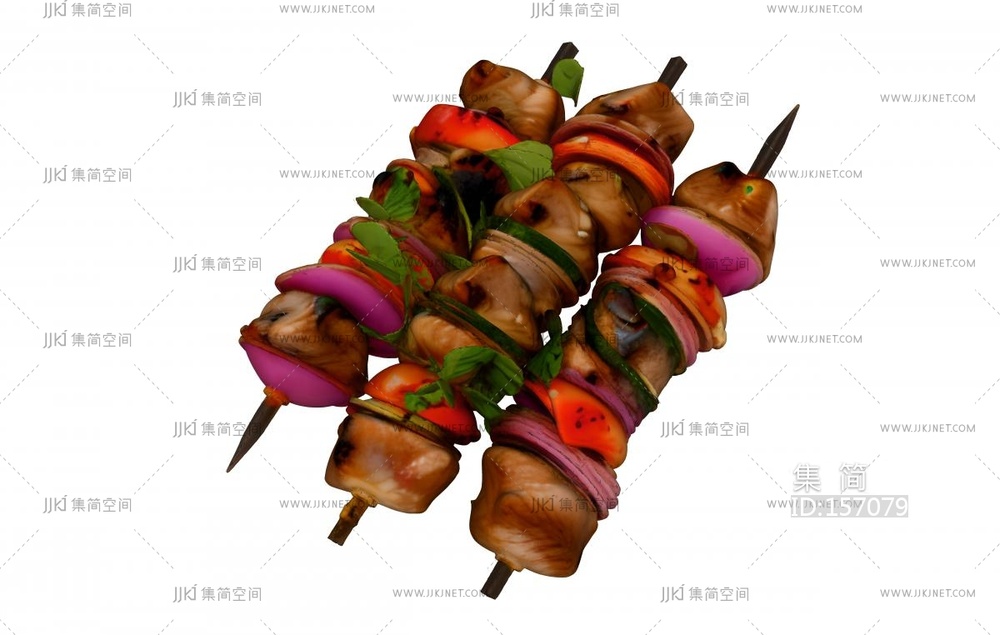 三串羊肉蔬菜烤串