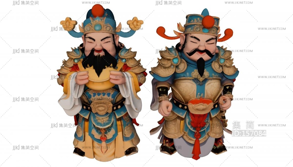 两个财神雕塑组合