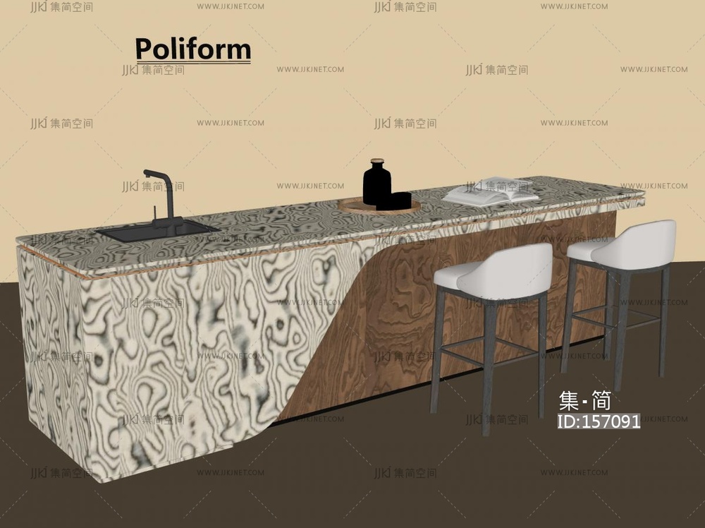意式法式岛台 厨房岛台 餐桌椅_SU模型