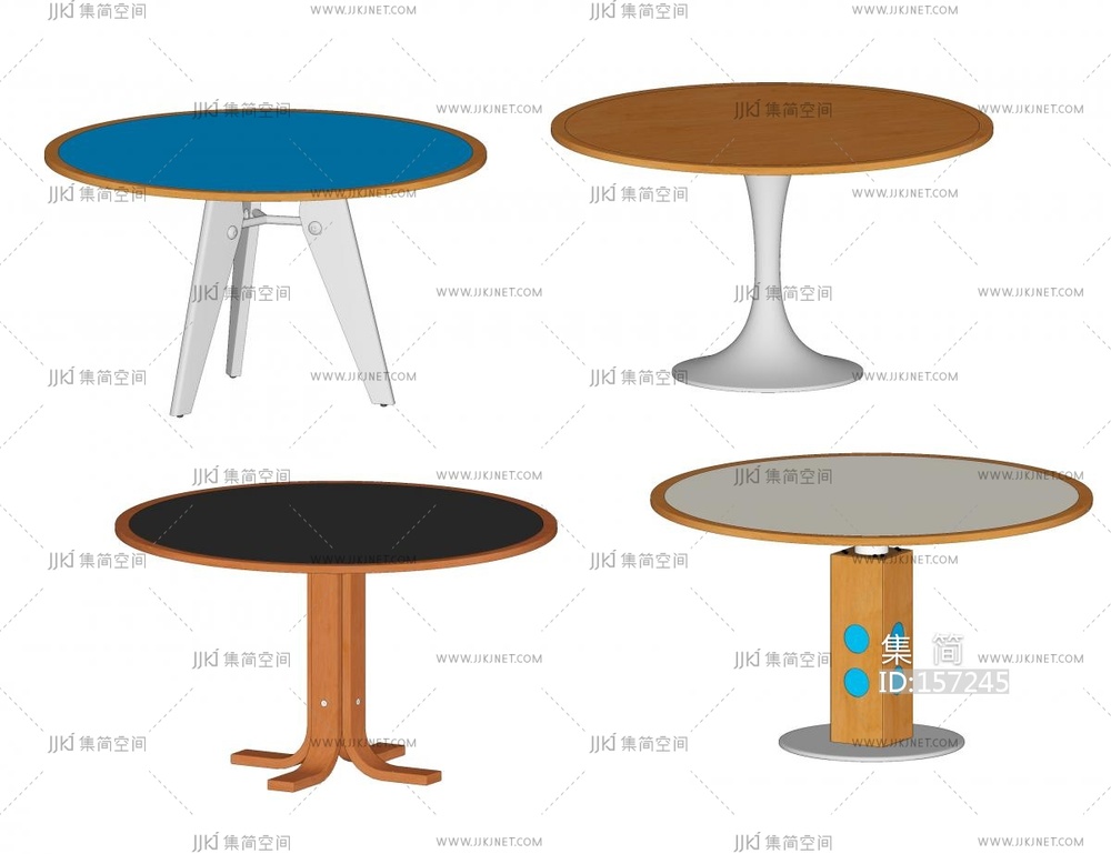 复古中古餐桌 实木圆桌 SU模型