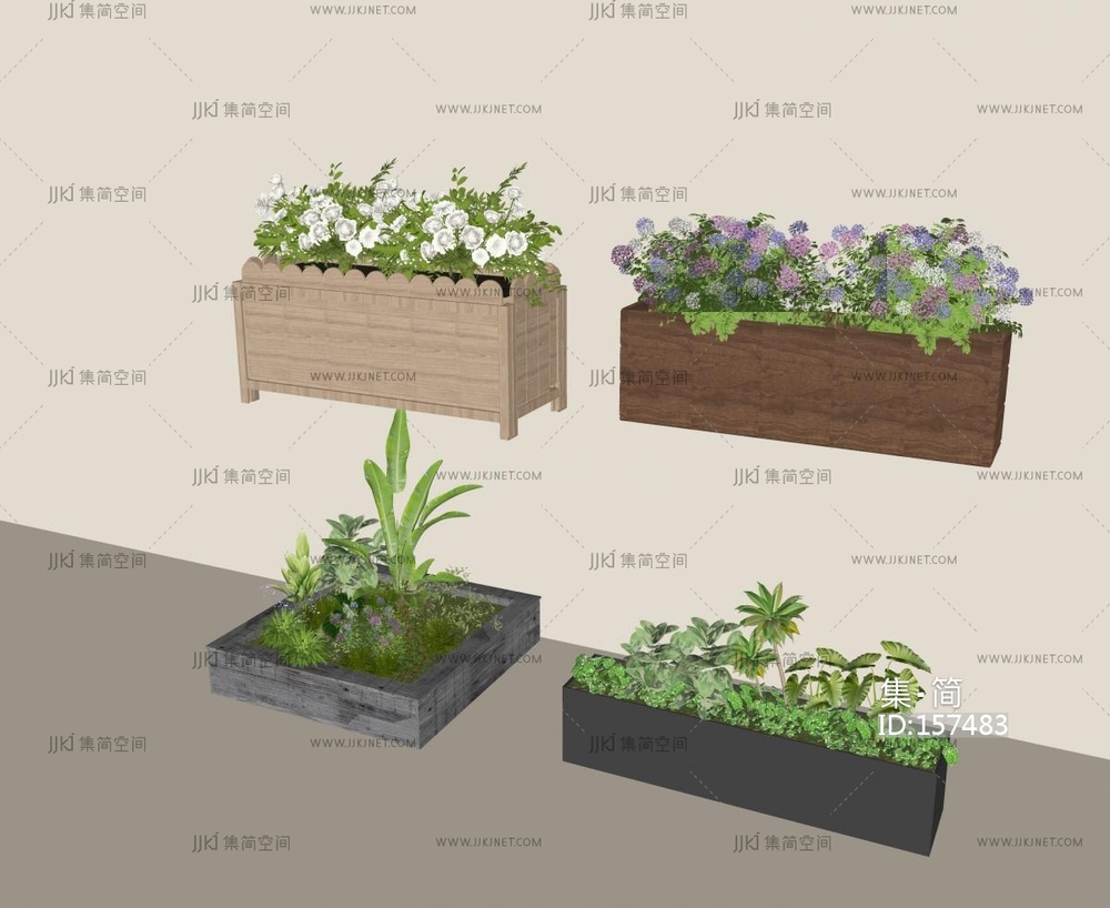 外摆花箱 花境 花盆花钵 移动花箱SU模型