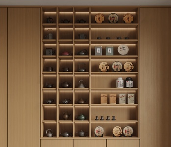 03-新中式茶具_茶叶_茶杯_茶饼_装饰柜_展示柜3D模型