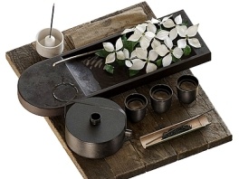 茶具组合_茶壶_茶杯_侘寂风茶具摆件_花艺摆件_茶盘SU模型