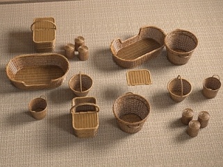 中式摆件组合_中式竹编竹篓_竹筐_竹盘_编织SU模型