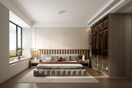 现代  卧室 双人床，床头柜，台灯玻璃衣柜3d模型下载