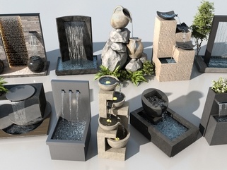 现代喷泉_现代景观叠水组合_流水喷泉_景观池绿植_水景喷泉_庭院跌水水帘SU模型